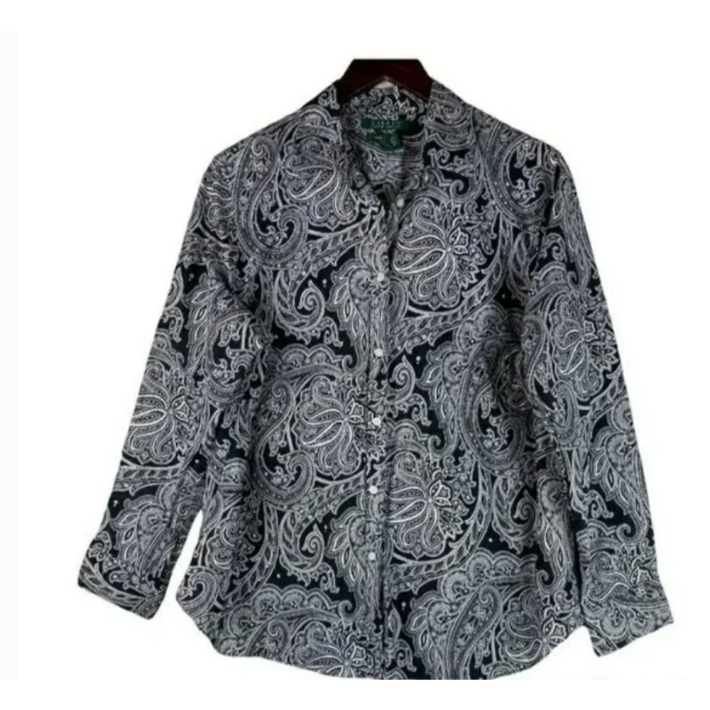 Ralph Lauren Womens Black White Paisley Button Down Long Sleeve Shirt Size 1X